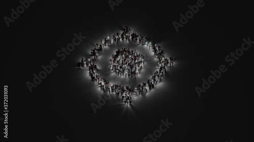 3d rendering of crowd of people with flashlight in shape of symbol of gps fixed indicator on dark background