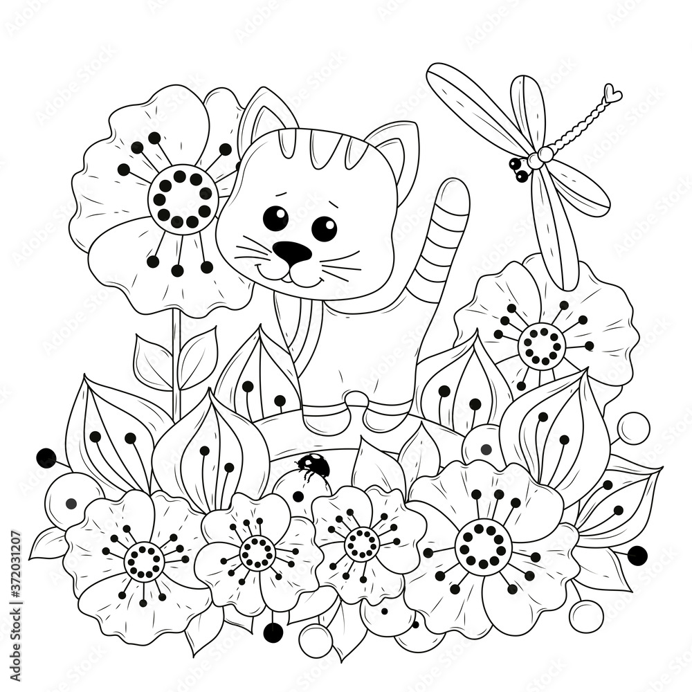 Fototapeta premium Horizontal coloring page for children and adults. Vector illustration with flowers and a dragonfly and a cartoon kitten. Black-white background for coloring, printing on fabric or paper.
