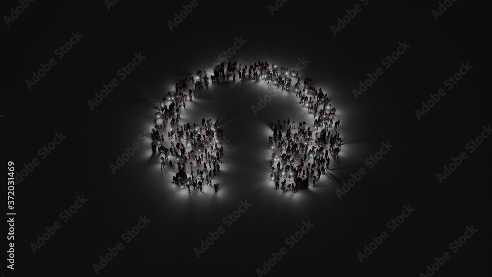 3d rendering of crowd of people with flashlight in shape of symbol of headphones on dark background