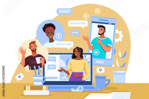 Virtual meeting illustration with diverse students, female tutor, laptop, smartphone, home workplace. Video call or conference concept with men and women working together. Virtual meeting flat banner