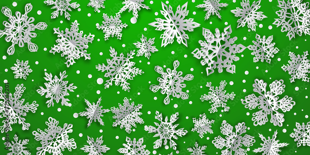 Christmas background with volume paper snowflakes with soft shadows on green background Christmas background with volume paper snowflakes with soft shadows on green background