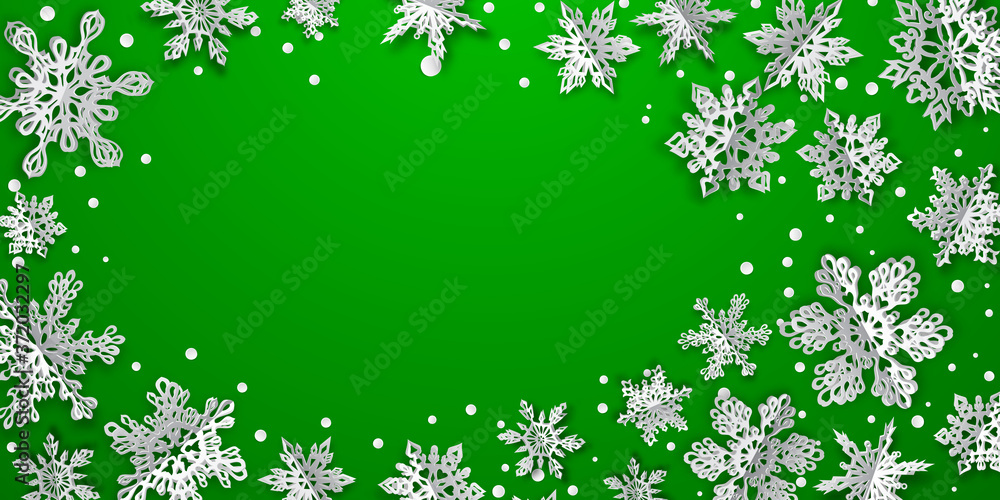 Christmas background with volume paper snowflakes with soft shadows on green background Christmas background with volume paper snowflakes with soft shadows on green background