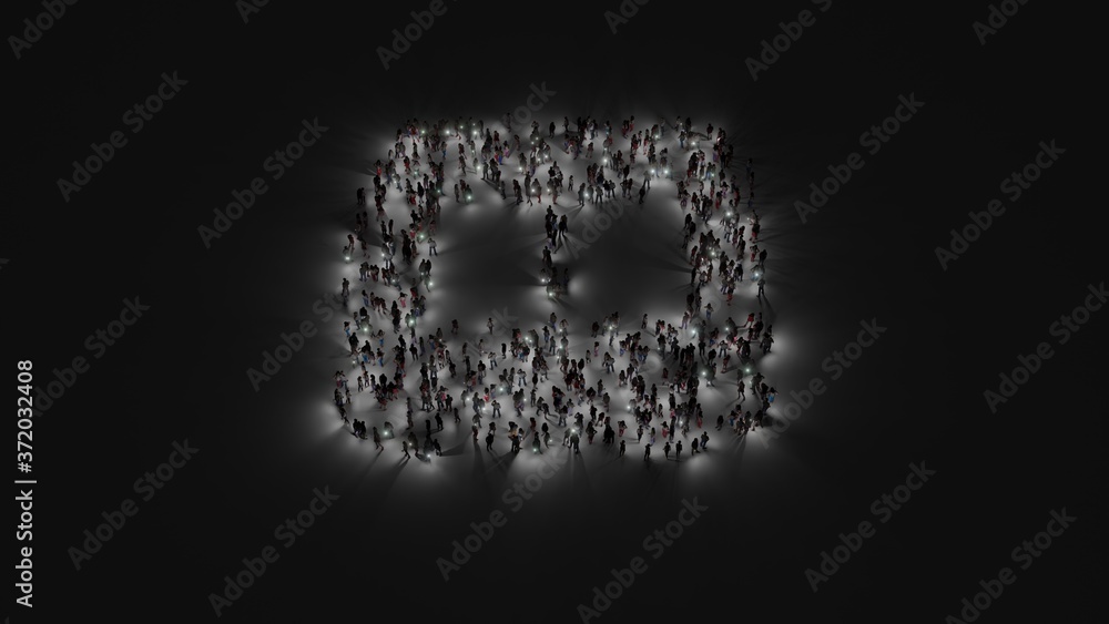 3d rendering of crowd of people with flashlight in shape of symbol of iBook on dark background 3d rendering of crowd of people with flashlight in shape of symbol of iBook on dark background