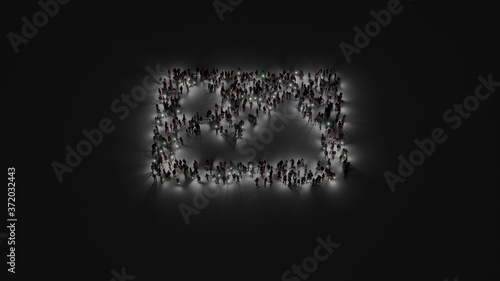 3d rendering of crowd of people with flashlight in shape of symbol of image on dark background