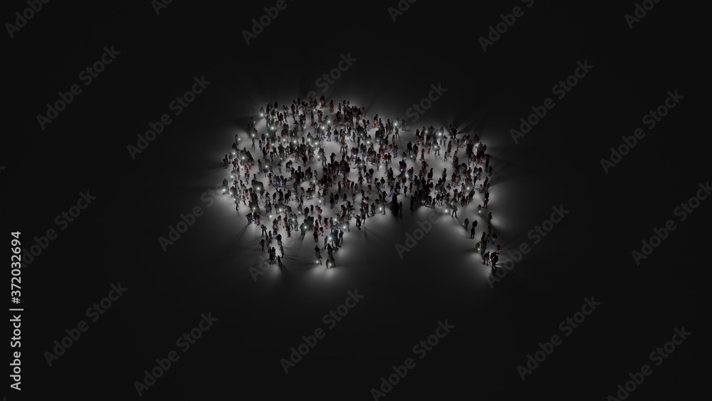 Obraz premium 3d rendering of crowd of people with flashlight in shape of symbol of kiwi bird on dark background