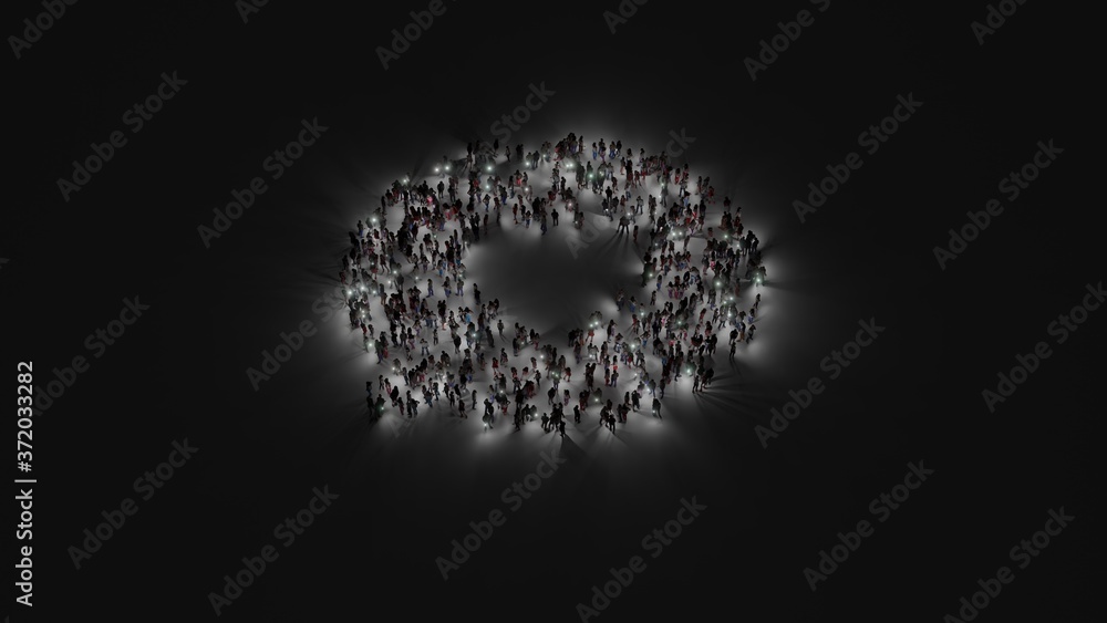 3d rendering of crowd of people with flashlight in shape of symbol of multimedia on dark background 3d rendering of crowd of people with flashlight in shape of symbol of multimedia on dark background