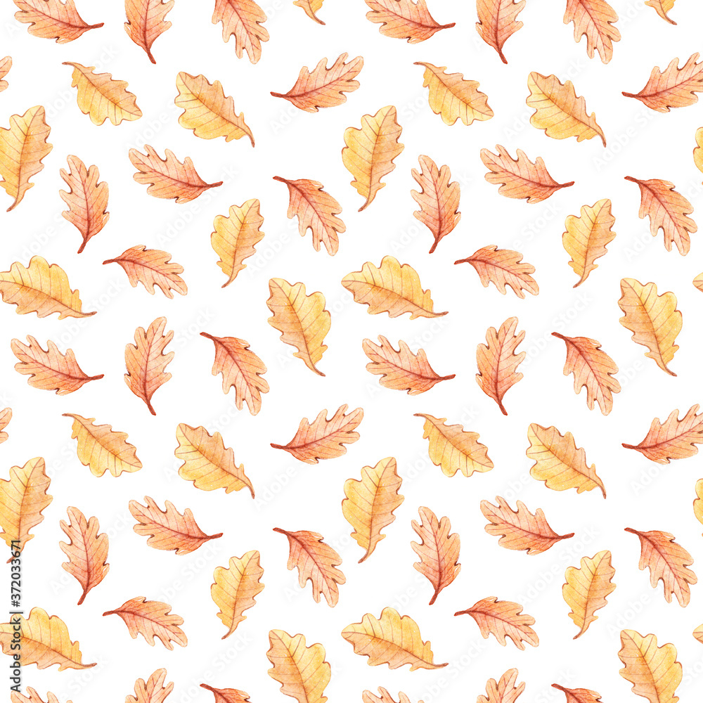 Autumn seamless pattern with yellow oak leaves to create a fabric background, scrapbook paper, kids wallpaper, Halloween greeting card. Perfect for kids textile, clothes