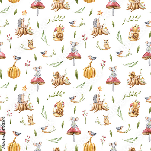 Autumn seamless pattern with pumpkins, mushroom, berry, leaves, mouse, snail to create a fabric background, scrapbook paper, kids wallpaper, Halloween greeting card. Perfect for kids textile, clothes