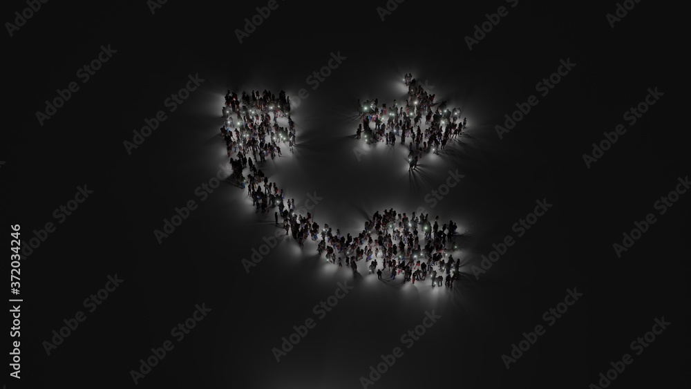 3d rendering of crowd of people with flashlight in shape of symbol of phone on dark background
