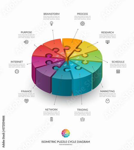 Infographic isometric puzzle circular template. Cycle diagram with 10 steps, pieces, parts. 3d process chart that can be used for report, business analytics, data visualization and presentation.