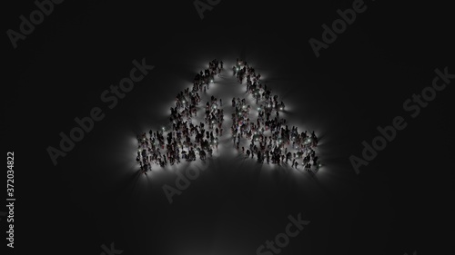 3d rendering of crowd of people with flashlight in shape of symbol of praying hands on dark background