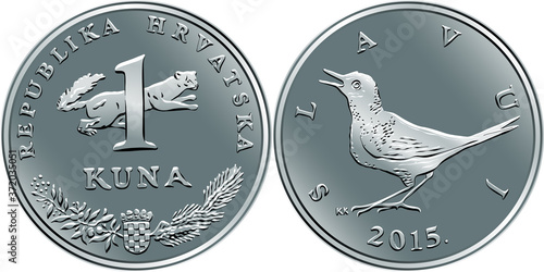 Croatian 1 kuna coin, Nightingale on reverse, marten, coat of arms, state title and indication of value on obverse, official coin in Croatia photo