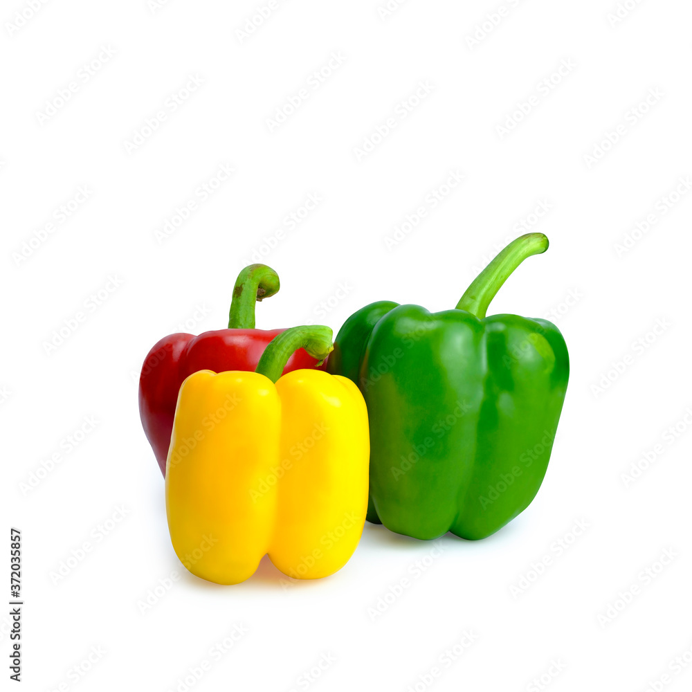 Closeup color paprika with clipping path, sweet bell pepper for healthy isolated on white background, red green and yellow bell pepper, diet food and vegan concept Closeup color paprika with clipping path, sweet bell pepper for healthy isolated on white background, red green and yellow bell pepper, diet food and vegan concept