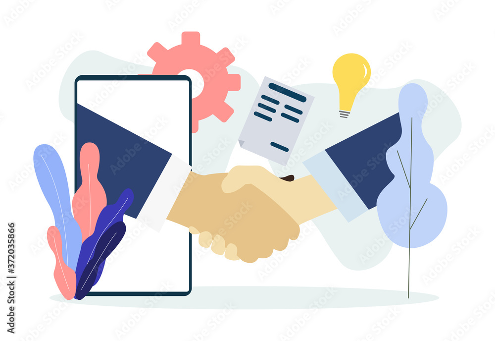 People shaking hands through mobile phone screen concept Handshake Partnership illustration People shaking hands through mobile phone screen concept Handshake Partnership illustration