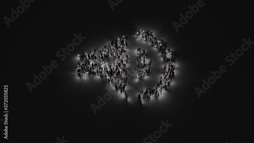 3d rendering of crowd of people with flashlight in shape of symbol of sound on dark background © Destrosvet