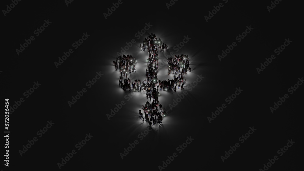 Obraz premium 3d rendering of crowd of people with flashlight in shape of symbol of technology on dark background