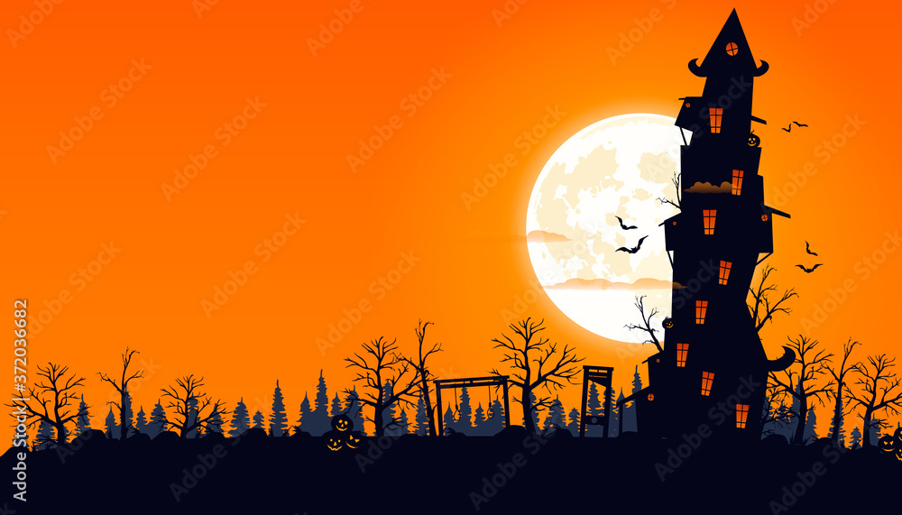 Happy Halloween background. Vector illustration. Full moon in the sky, flying bats.