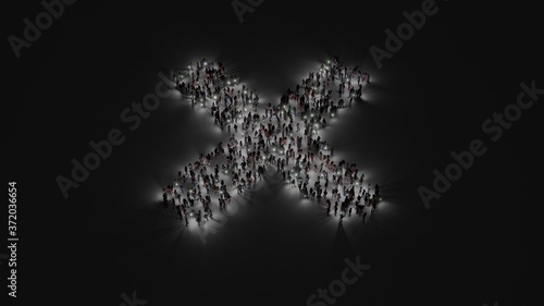 3d rendering of crowd of people with flashlight in shape of symbol of times on dark background