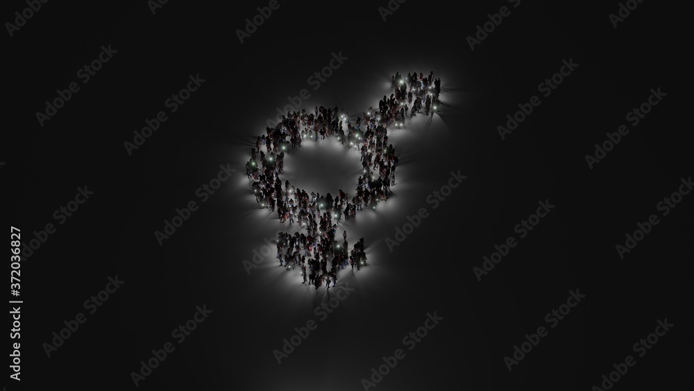 3d rendering of crowd of people with flashlight in shape of symbol of transgender on dark background