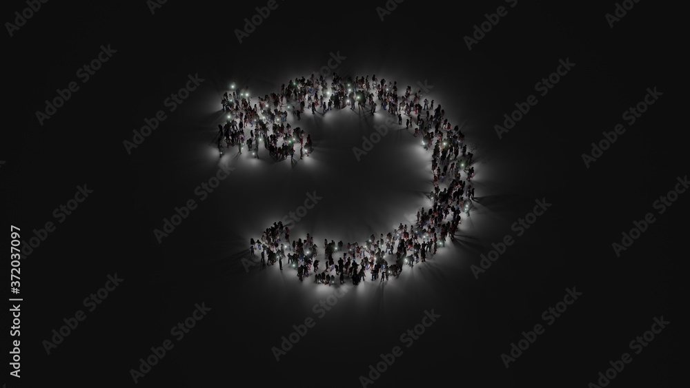 3d rendering of crowd of people with flashlight in shape of symbol of undo alt on dark background 3d rendering of crowd of people with flashlight in shape of symbol of undo alt on dark background
