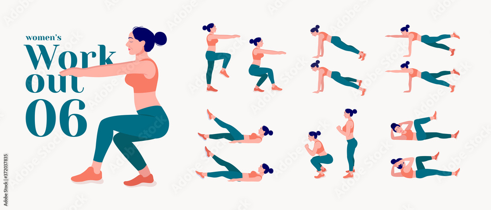 Workout women set. Women fitness and yoga exercises. Lunges, Pushups, Squats, Dumbbell rows, Burpees, Side planks, Situps, Glute bridge, Leg Raise, Russian Twist, Side Crunch, Mountain Climbers.etc