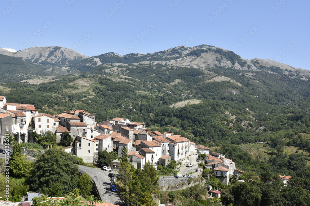 Panoramic view of Aieta, a rural village in the mountains of the Calabria region.