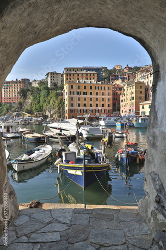 The characteristic seaside village of Camogli in the eastern Ligurian Riviera located between Recco and Rapallo. The heart of the town is in its characteristic porticcilo full of fishing boats and ple photo