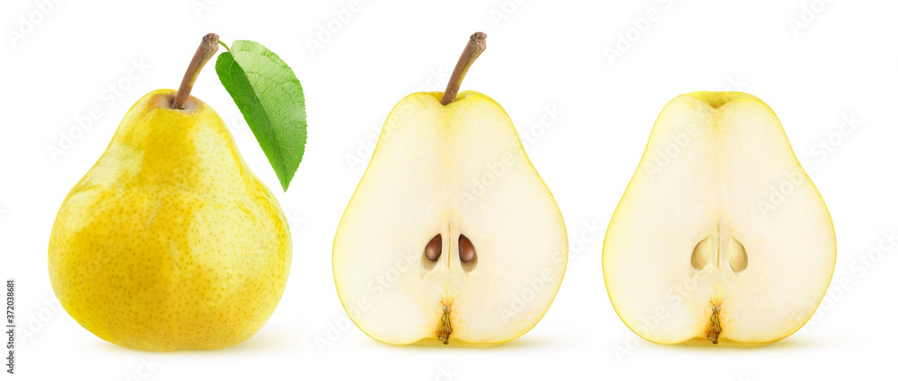 Whole yellow pear fruit with leaf and pear halves in a row isolated on white background Whole yellow pear fruit with leaf and pear halves in a row isolated on white background