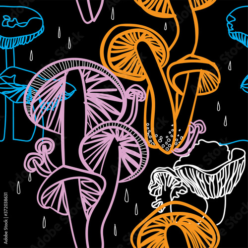 Seamless pattern with mushrooms. Botanical print. Mushroom picking, gifts of the forest. One line drawing.