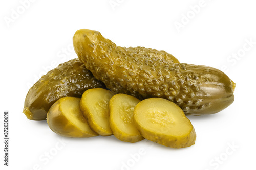 Marinated pickled cucumber isolated on white background with clipping path and full depth of field