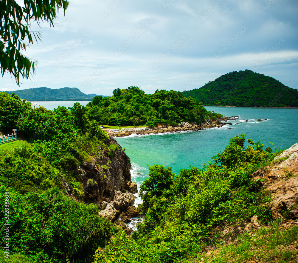 Mountain, sky, beautiful green sea in Chanthaburi province Is a viewpoint location of Thailand