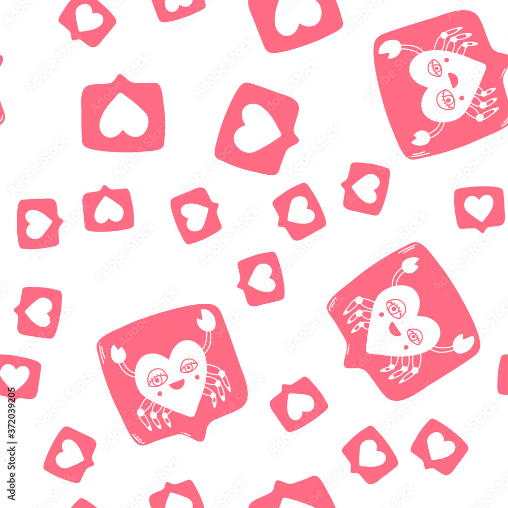 Social media icons red like heart shape with hand drawn cute crabs. Seamless vector pattern for your backdrops, wallpaper, wrapping Social media icons red like heart shape with hand drawn cute crabs. Seamless vector pattern for your backdrops, wallpaper, wrapping