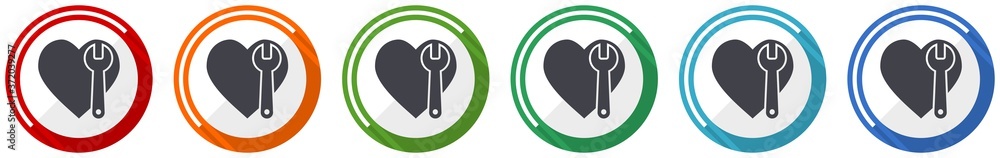 Wrench and heart icon set, flat design vector illustration in 6 colors options for webdesign and mobile applications Wrench and heart icon set, flat design vector illustration in 6 colors options for webdesign and mobile applications