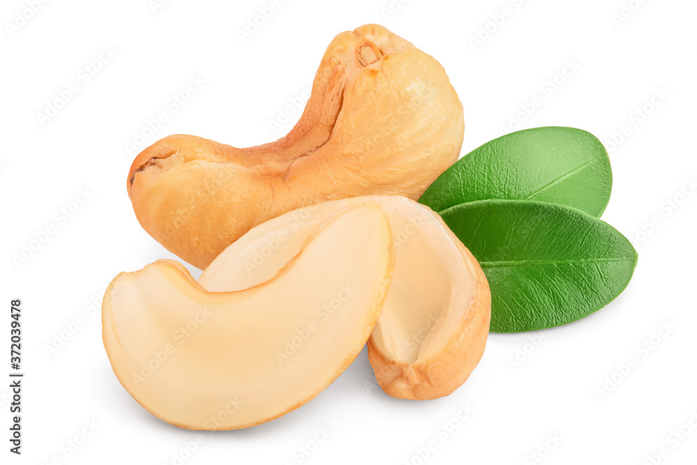 Fototapeta premium Roasted Cashew nuts with leaf isolated on white background with clipping path and full depth of field.