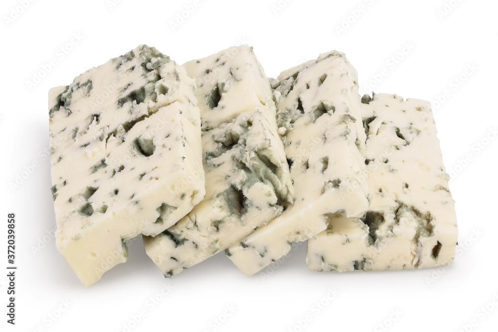 Blue cheese slices isolated on white background with clipping path and full depth of field. Blue cheese slices isolated on white background with clipping path and full depth of field.