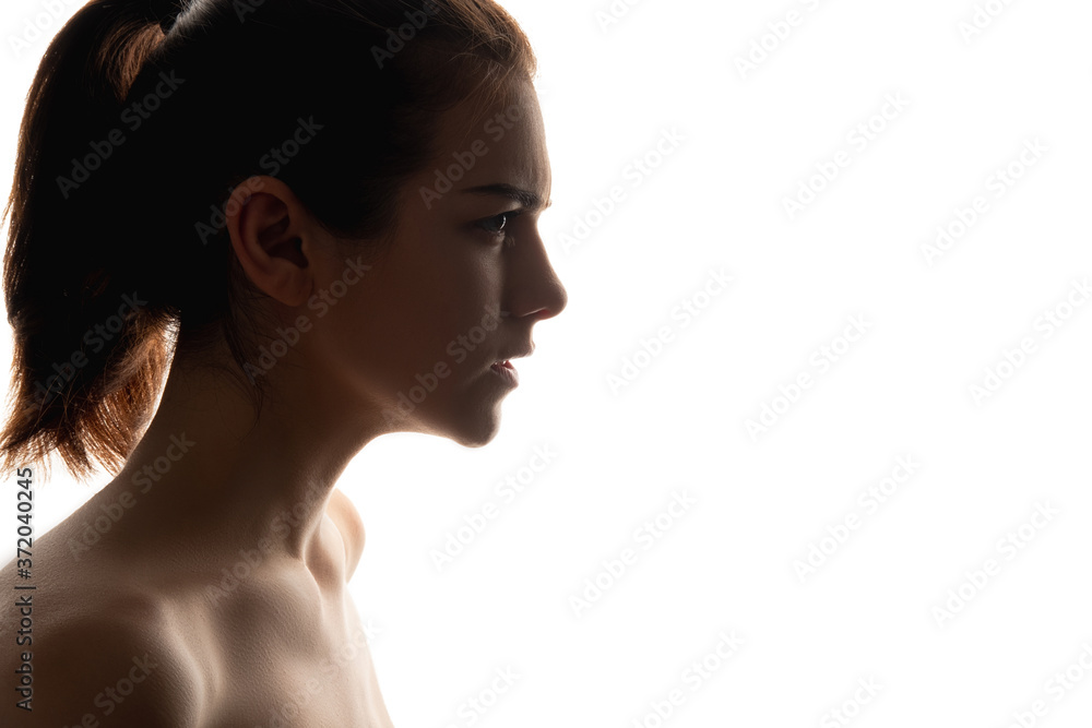 Stressed angry woman. Silhouette isolated on white. Concerning people. Confrontation psychology concept Stressed angry woman. Silhouette isolated on white. Concerning people. Confrontation psychology concept