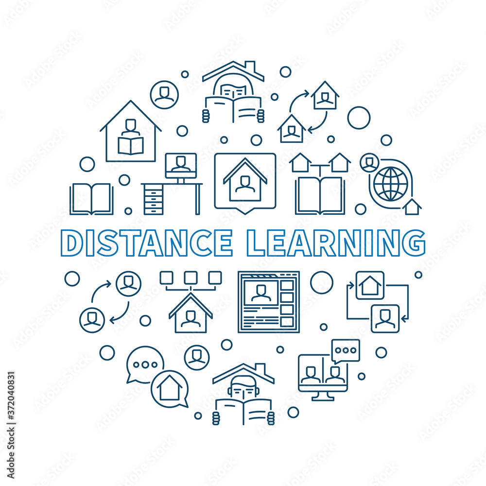 Distance Learning vector concept round illustration in outline style