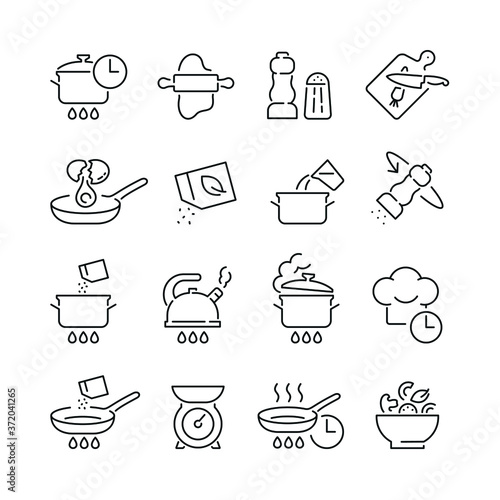 Cooking related icons: thin vector icon set, black and white kit