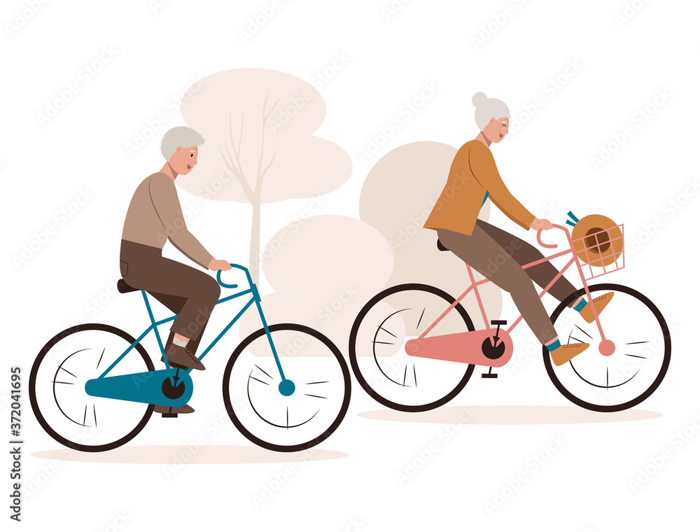 Elderly couple enjoying cycling. Smiling grandfather and grandmother riding bicycle in the park. Walking, sports, traveling. Active healthy lifestyle. Isolated vector illustration