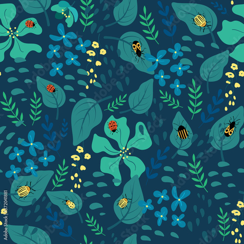 Cute green floral background with plants and insects. Vector illustration.