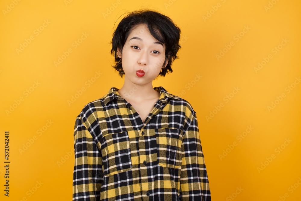 Shot of pleasant looking Young beautiful Asian woman wearing plaid shirt over yellow background pouts lips, looks at camera, has long hair, has fun with boyfriend. Human facial expressions Shot of pleasant looking Young beautiful Asian woman wearing plaid shirt over yellow background pouts lips, looks at camera, has long hair, has fun with boyfriend. Human facial expressions