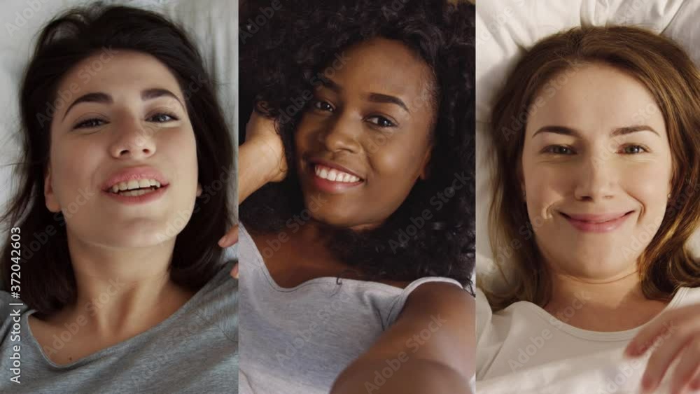 Collage of multi-ethnic diverse women in good mood at home. POV of beautiful Caucasian girl lying in bed. Close up of pretty joyful African American young female giving air kisses. Selfie foto concept Collage of multi-ethnic diverse women in good mood at home. POV of beautiful Caucasian girl lying in bed. Close up of pretty joyful African American young female giving air kisses. Selfie foto concept