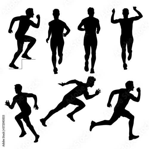 A set of isolated silhouettes of a running man in various poses