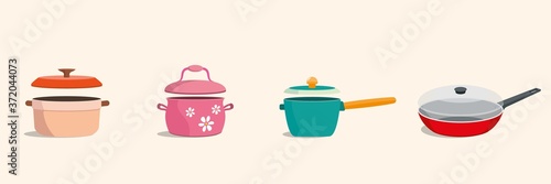 Cookware kitchen utensils with lids set. Colorful frying pan, pot, stockpot. Vector illustration