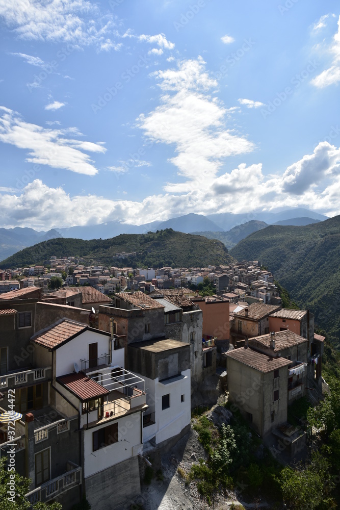 Panoramic view of Grisolia, a rural village in the mountains of the Calabria region.