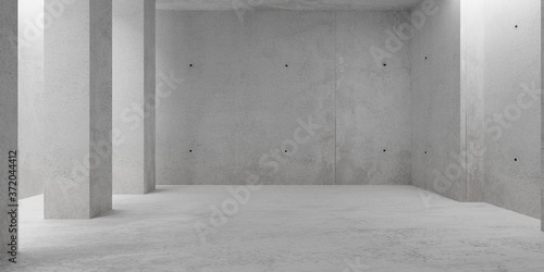 Abstract empty, modern concrete room with indirect lighting from side wall and pillars - industrial interior background template, 3D illustration