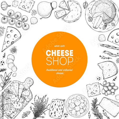 Cheese design template. Hand drawn sketch. Retro food background. Different cheese kinds banner. Dairy farm products cheese.