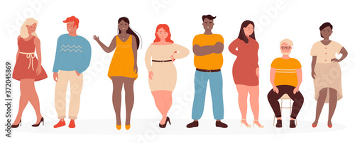 Overweight people vector illustration. Cartoon flat woman man model characters wearing casual clothes standing in row, plus size guy and girl smiling, cute body positive persons set isolated on white