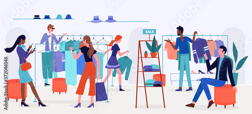 People shopping on sale vector illustration. Cartoon flat man woman shopper characters buy clothes and accessories in retail store, shop or boutique interior, modern style fashion showroom background