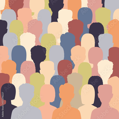 Diverse multicultural group of people standing together (europian, asian, american). Human social diversity crowd vector illustration. Concept of diversity men and women silhouettes.